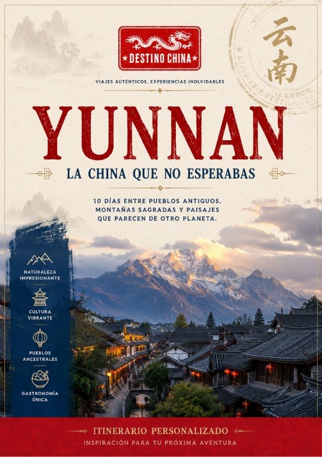 Folleto publicitario de viaje de Destino China con el título 'Yunnan, la China que no esperabas'. Describe un itinerario personalizado de 10 días entre pueblos antiguos, montañas sagradas y paisajes.
